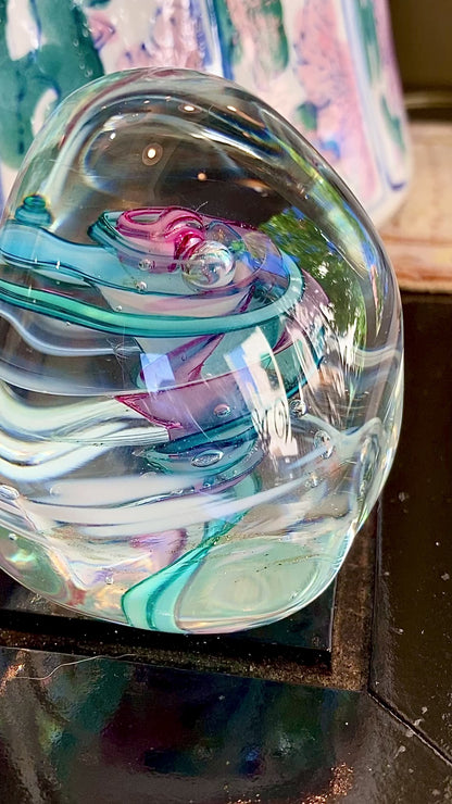Vintage Robert L Hamon Multicolor Irregular Shaped Handblown Glass Paperweight Video