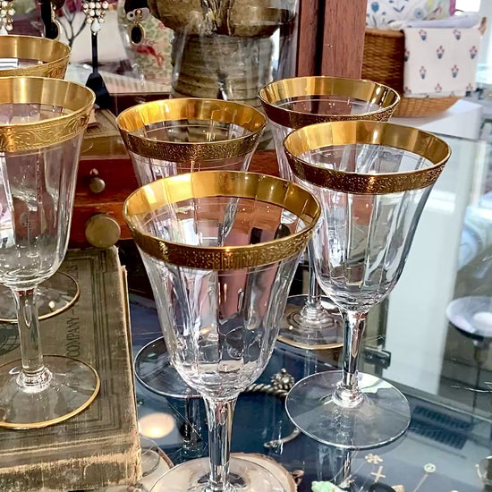 Set of Ten Antique Embossed Decorative Gold Rim Clear Crystal Water Goblets