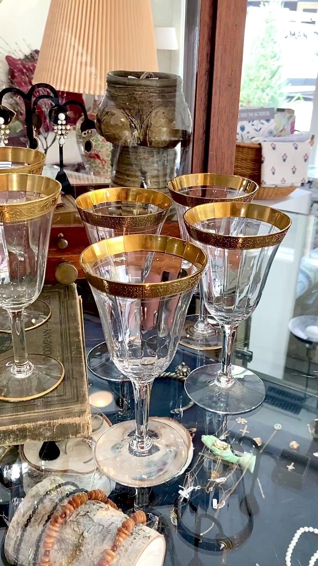 Set of Ten Antique Embossed Decorative Gold Rim Clear Crystal Water Goblets