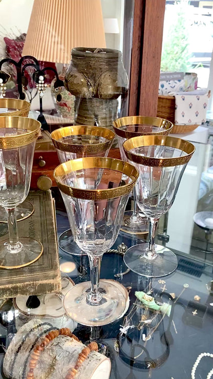 Set of Ten Antique Embossed Decorative Gold Rim Clear Crystal Water Goblets