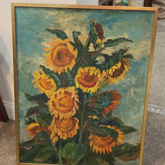 Vintage Sue Jean Covacevich (1905-1998) Sunflowers Framed Canvas Oil Painting