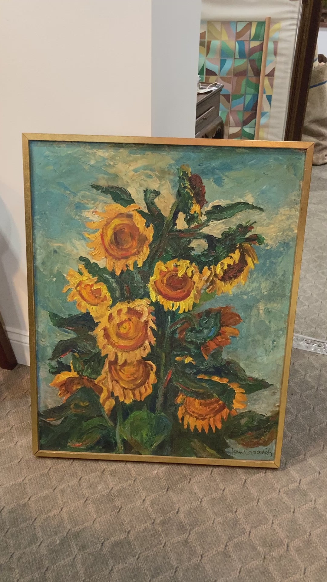 Vintage Sue Jean Covacevich (1905-1998) Sunflowers Framed Canvas Oil Painting