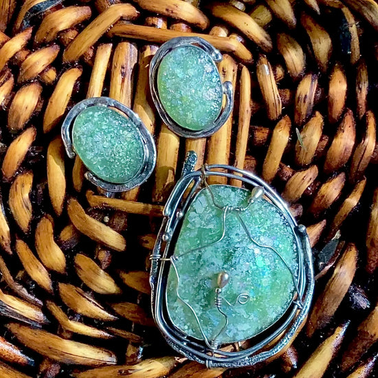 Artisan Avi Soffer Roman Glass Sterling Silver Post Earrings Brooch Pendant Set