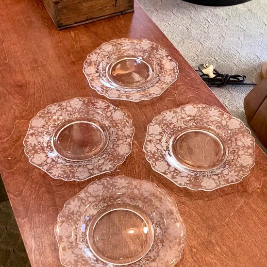 Vintage 1940s Set of Four Cambridge Wildflowers Clear Etched Glass Salad Plates