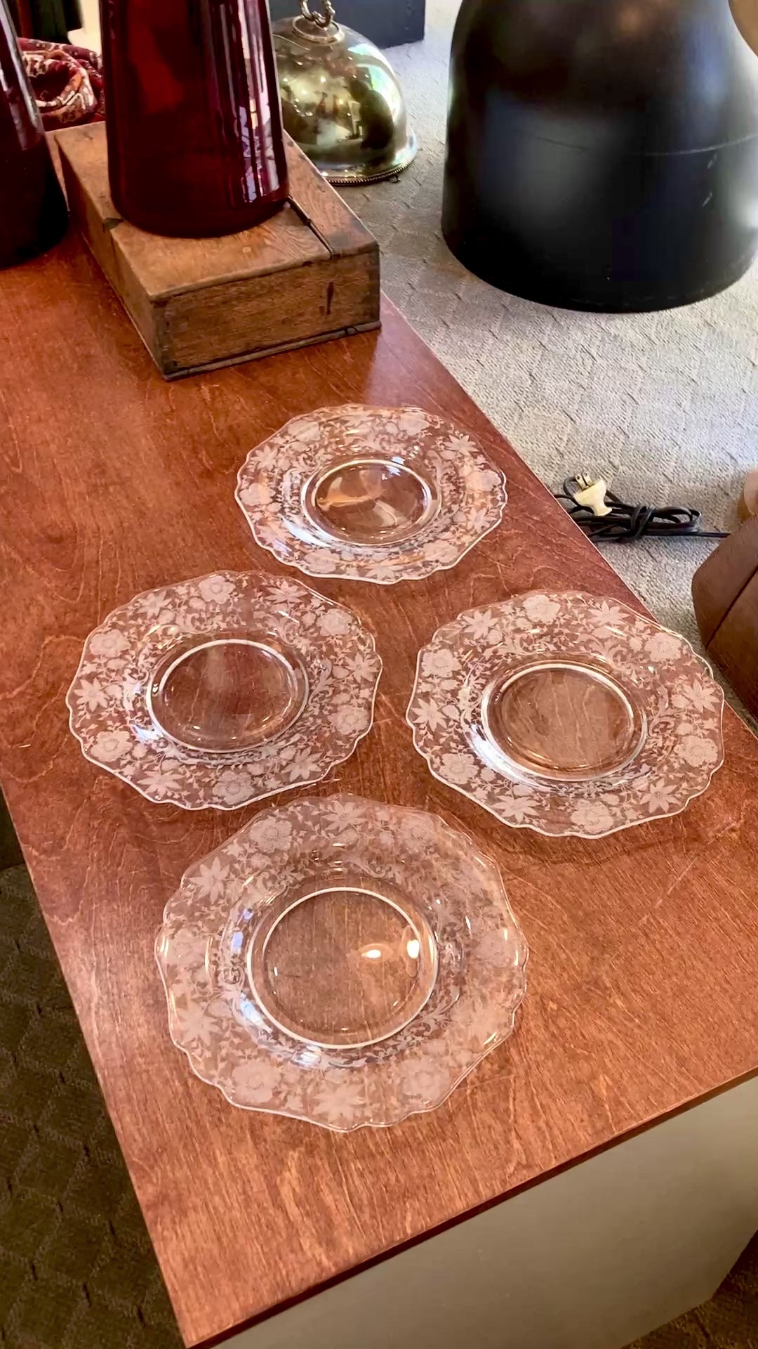 Vintage 1940s Set of Four Cambridge Wildflowers Clear Etched Glass Salad Plates