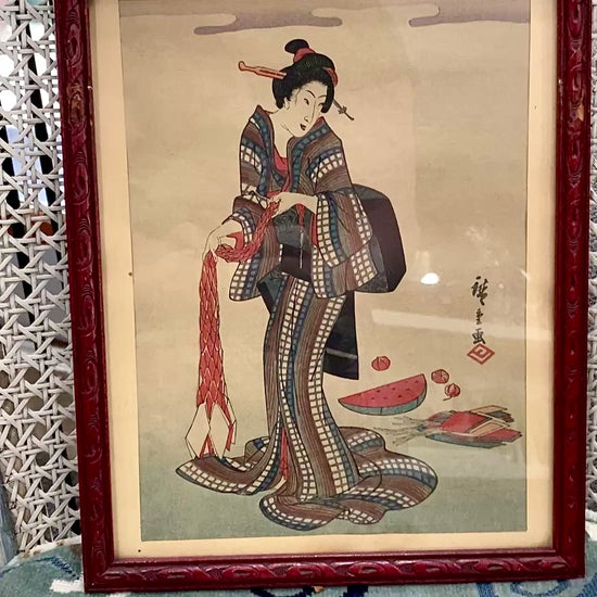 Reprinted Antique Utagawa Hiroshige (1797-1858) Japanese Geisha Framed Woodblock Print