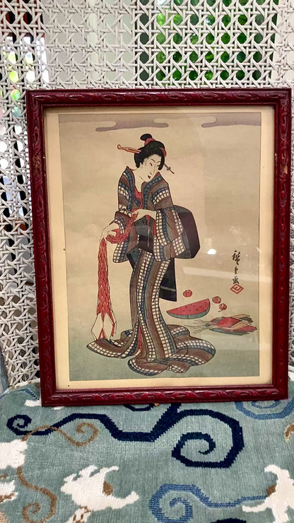 Reprinted Antique Utagawa Hiroshige (1797-1858) Japanese Geisha Framed Woodblock Print