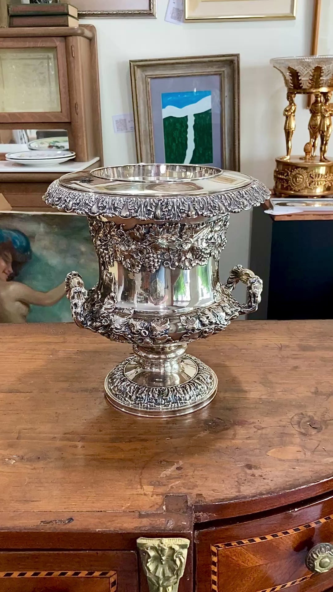 Antique Georgian Style Oak Fruit Motif Sheffield Silver Plated Champagne Bucket