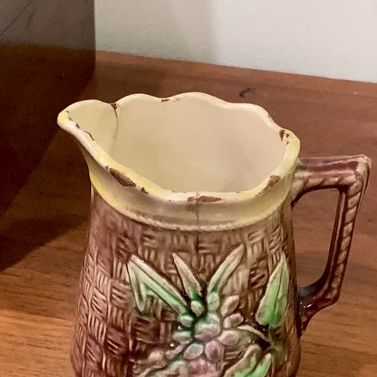 Antique Majolica Basketweave Lotus Flower Pattern Ceramic Creamer