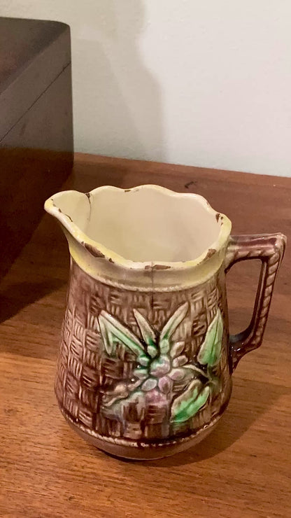 Antique Majolica Basketweave Lotus Flower Pattern Ceramic Creamer