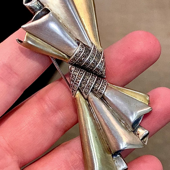 Vintage 1940s Two Tone Sterling Silver Marcasite Large Bow Brooch Pin
