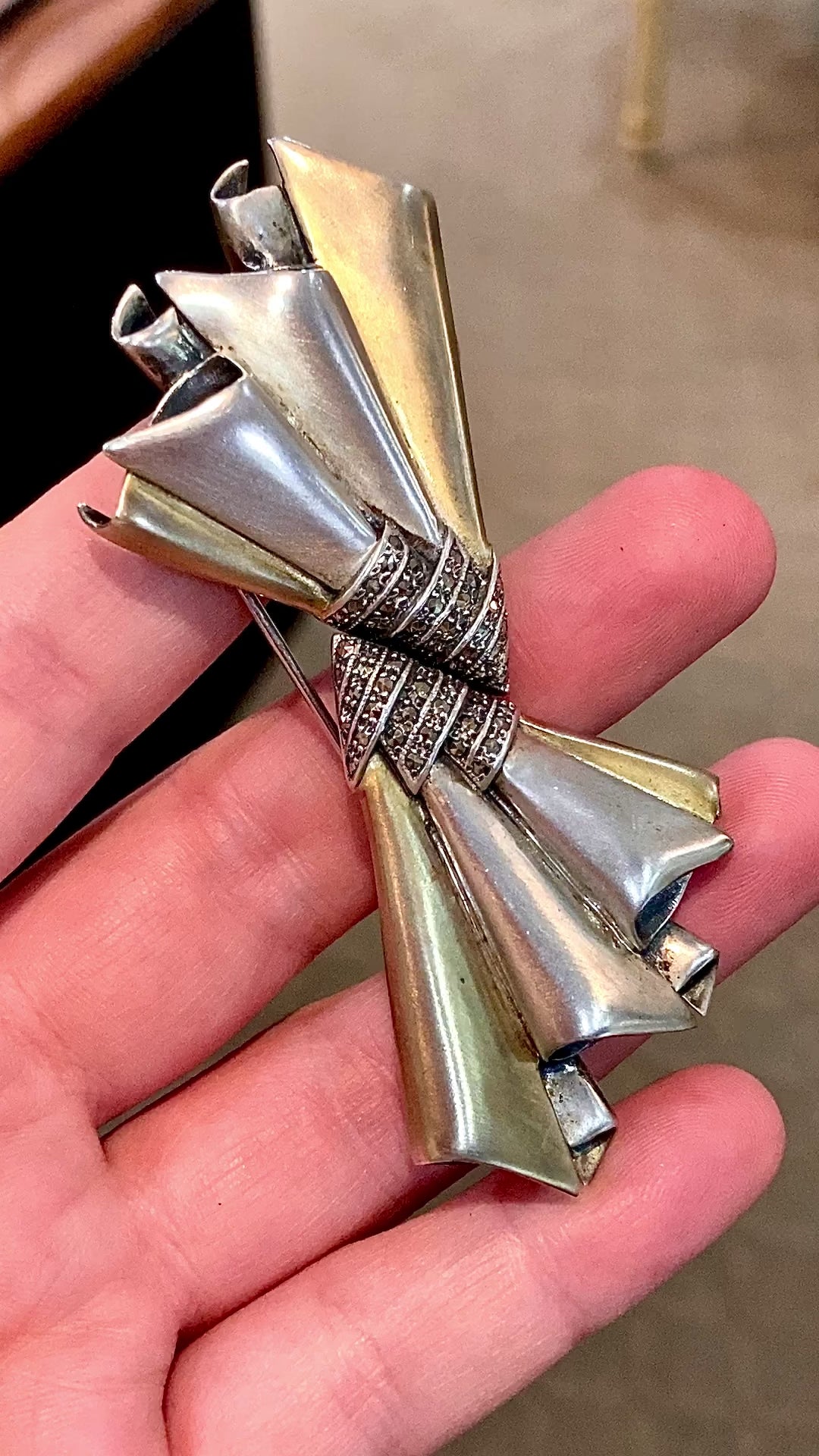 Vintage 1940s Two Tone Sterling Silver Marcasite Large Bow Brooch Pin