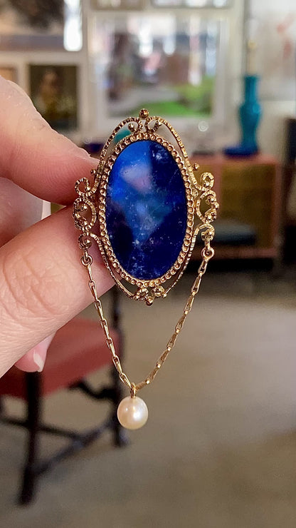 Vintage 14K Yellow Gold Filigree Oval Lapis Lazuli Pearl Dangle Brooch Pin