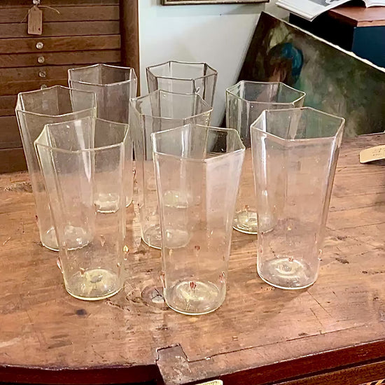 Set of Eight Vintage Venetian Italian Aventurine Hexagon Tall Glasses Barware