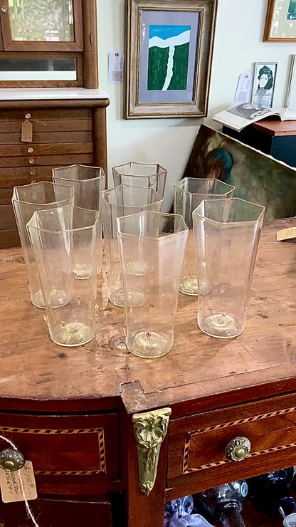 Set of Eight Vintage Venetian Italian Aventurine Hexagon Tall Glasses Barware