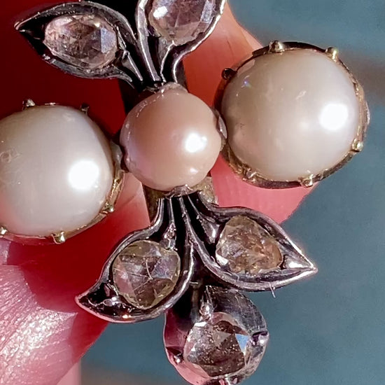 Antique Georgian 1840 Six Diamond Pink Pearl Silver Yellow Gold Brooch