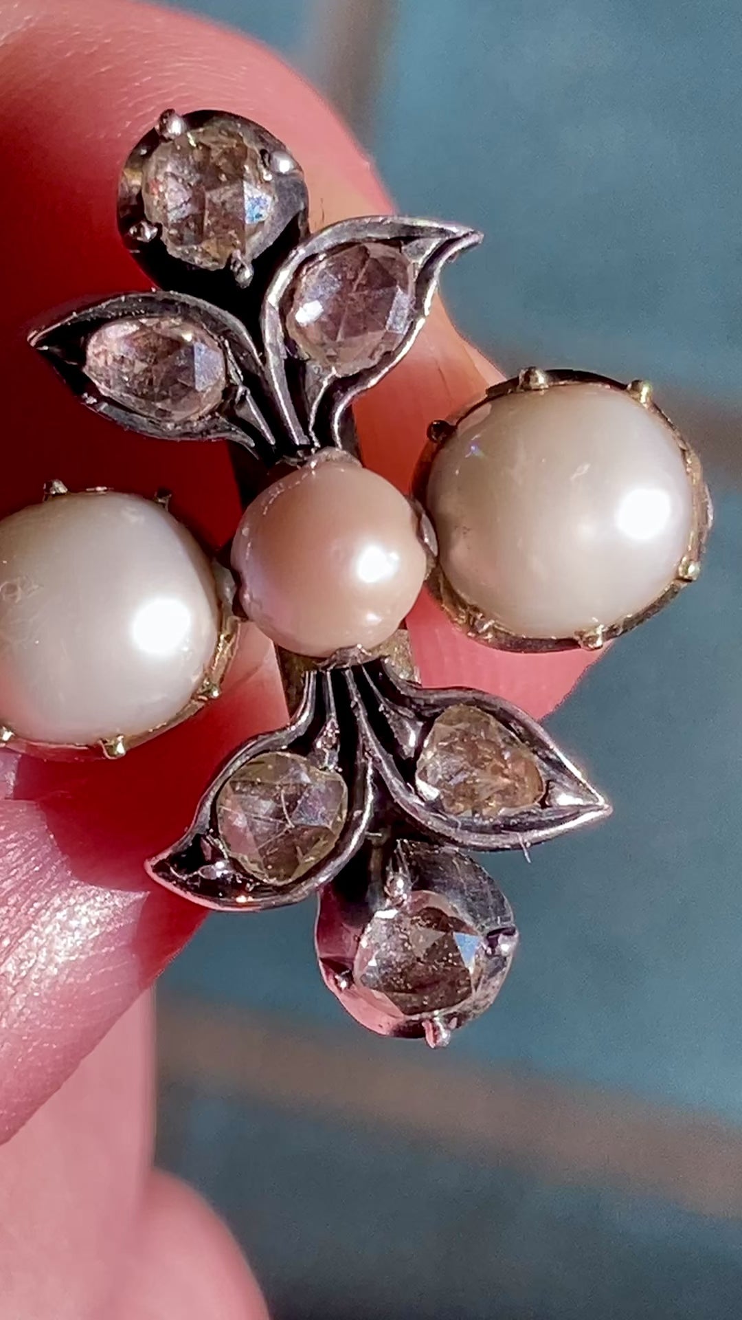 Antique Georgian 1840 Six Diamond Pink Pearl Silver Yellow Gold Brooch
