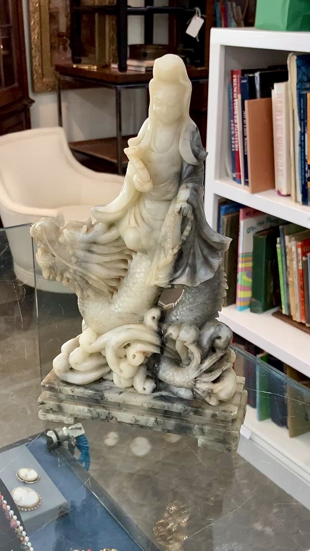 Vintage 20th Century Carved Soapstone Chinese Guan Yin Dragon Sculpture