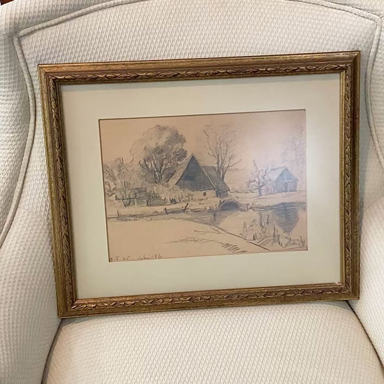 Vintage German River Bridge Farm Framed Landscape Graphite Drawing