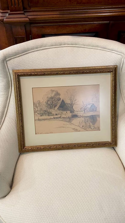 Vintage German River Bridge Farm Framed Landscape Graphite Drawing