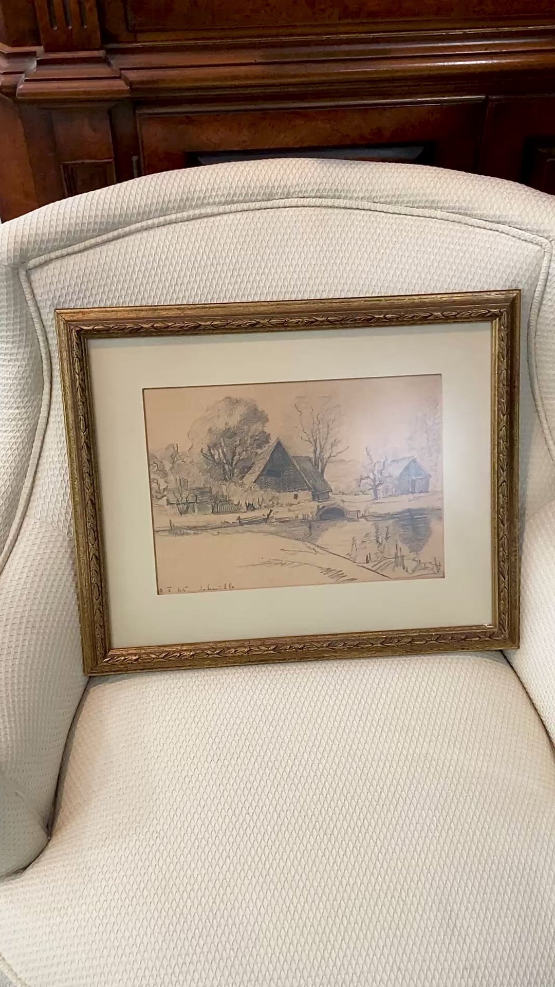 Vintage German River Bridge Farm Framed Landscape Graphite Drawing