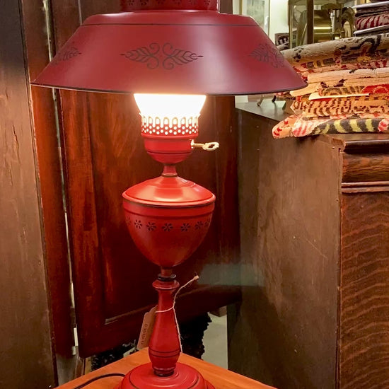 Vintage 19th Century Oil Style Hand Painted Red Tole Table Lamp