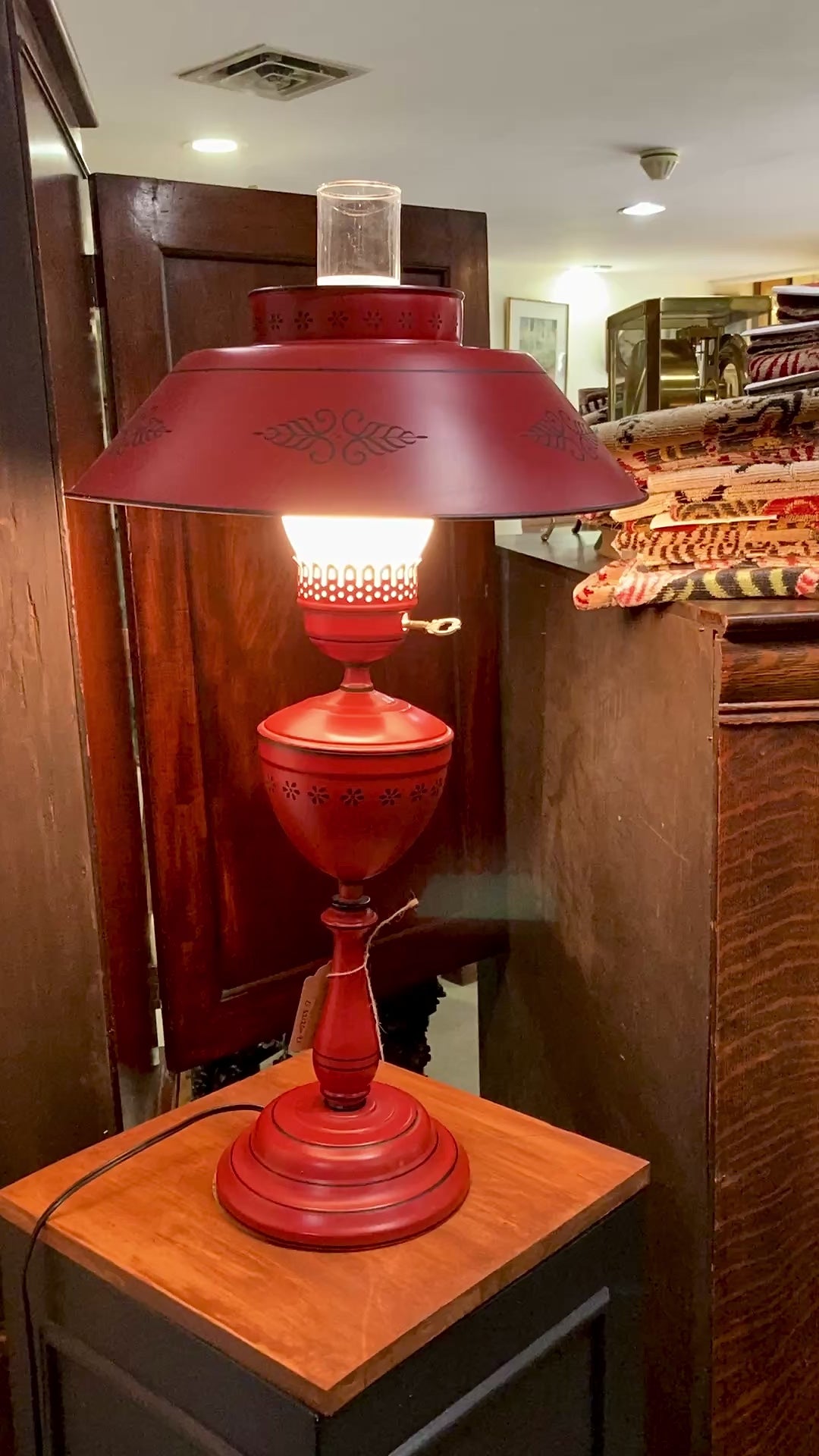 Vintage 19th Century Oil Style Hand Painted Red Tole Table Lamp