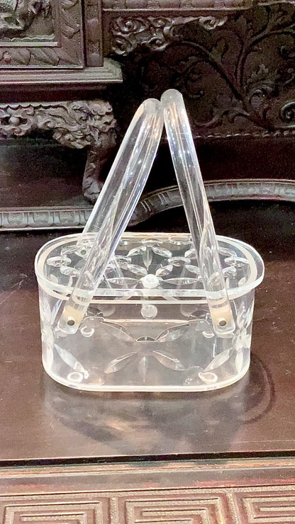 Vintage 1950s Clear Lucite Llewellyn Double Handle Basket Handbag Purse