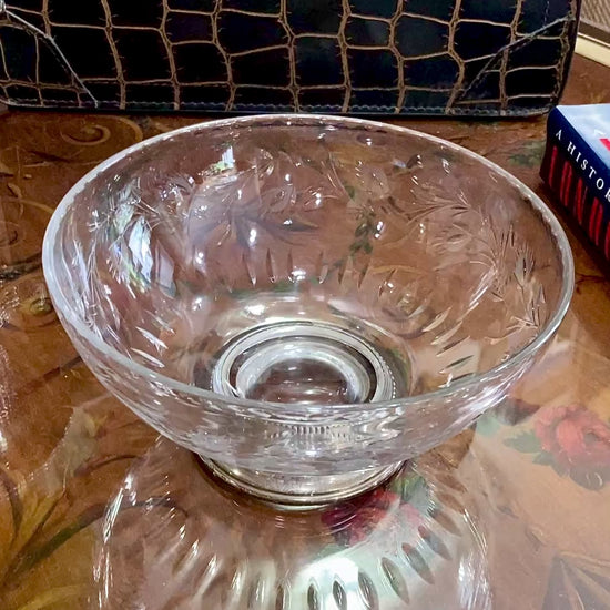 Vintage 1950s Floral Vine Motif Hand Engraved Sterling Silver Footed Base Glass Bowl