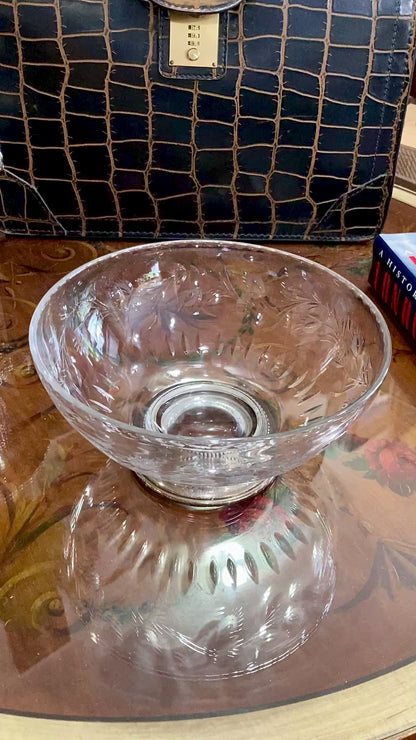 Vintage 1950s Floral Vine Motif Hand Engraved Sterling Silver Footed Base Glass Bowl
