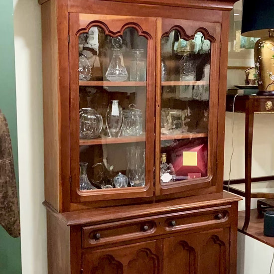 
Antique 19th Century American Carved Wood Glass Door Hutch Bookcase Cabinet
