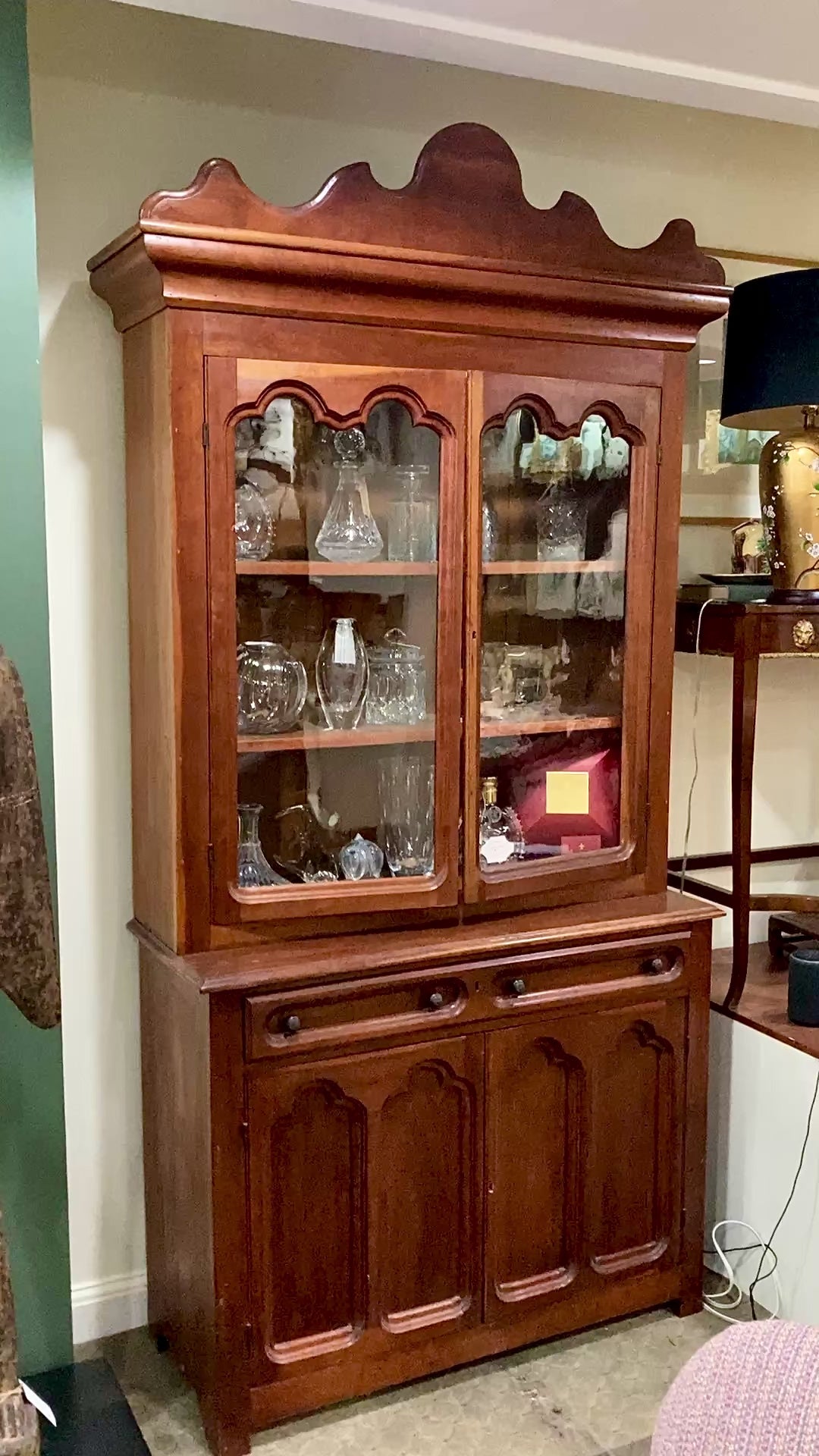 
Antique 19th Century American Carved Wood Glass Door Hutch Bookcase Cabinet
