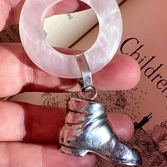 Antique Victorian Sterling Silver Baby Shoe Mother of Pearl Rattle video in hand