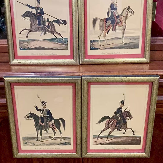 Four Vintage 19th Century Style Equine Royal Prussian Military Framed Color Lithographs