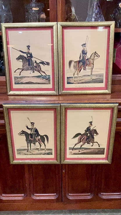 Four Vintage 19th Century Style Equine Royal Prussian Military Framed Color Lithographs