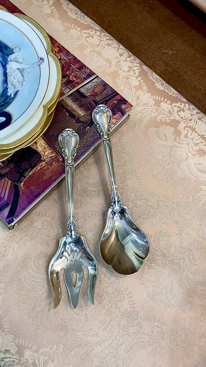Antique Gorham Chantilly Sterling Silver Spoon Fork Salad Serving Set