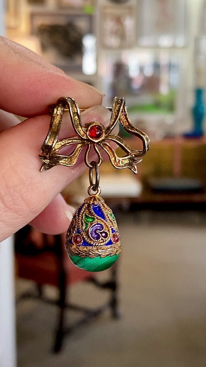 Edwardian Faberge Style Enameled Malachite Egg Drop Bow Watch Fob Brooch Pin
