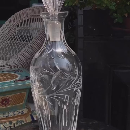 Vintage Clear Glass Etched Details Sculptural Stopper Decanter Barware