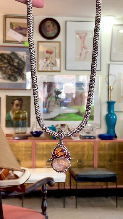 Vintage Stephen Dweck Sterling Silver 18K Gold Carved Quartz Pendant Necklace Signed