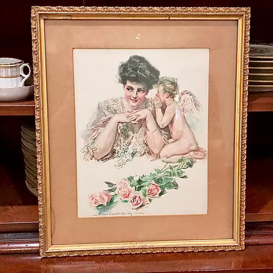 Antique 1906 "Cupid & Lady" Howard Chandler Christy Framed Color Lithograph