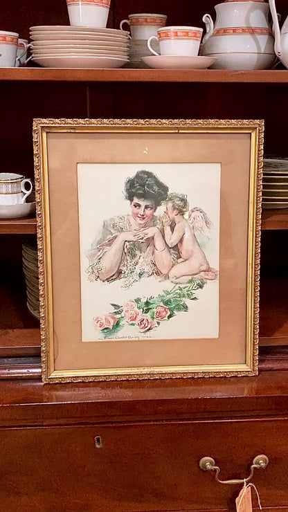 Antique 1906 "Cupid & Lady" Howard Chandler Christy Framed Color Lithograph