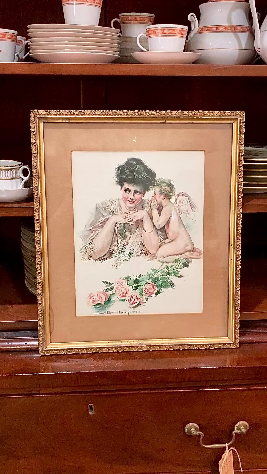 Antique 1906 "Cupid & Lady" Howard Chandler Christy Framed Color Lithograph