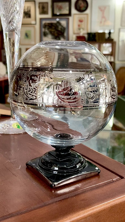 Art Deco Antique Glass Globe Platinum Banded Black Footed Base Vase