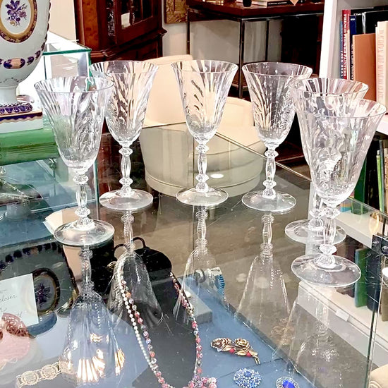Set of Six Vintage 1940s Caprice Pattern Cambridge Clear Glass Water Goblets