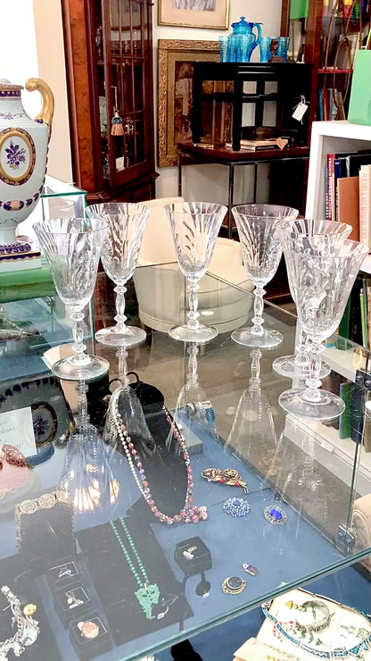 Set of Six Vintage 1940s Caprice Pattern Cambridge Clear Glass Water Goblets
