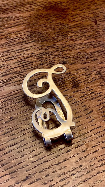 Vintage Sterling Silver Filigree Cursive Letter Napkin Money Paper Clip