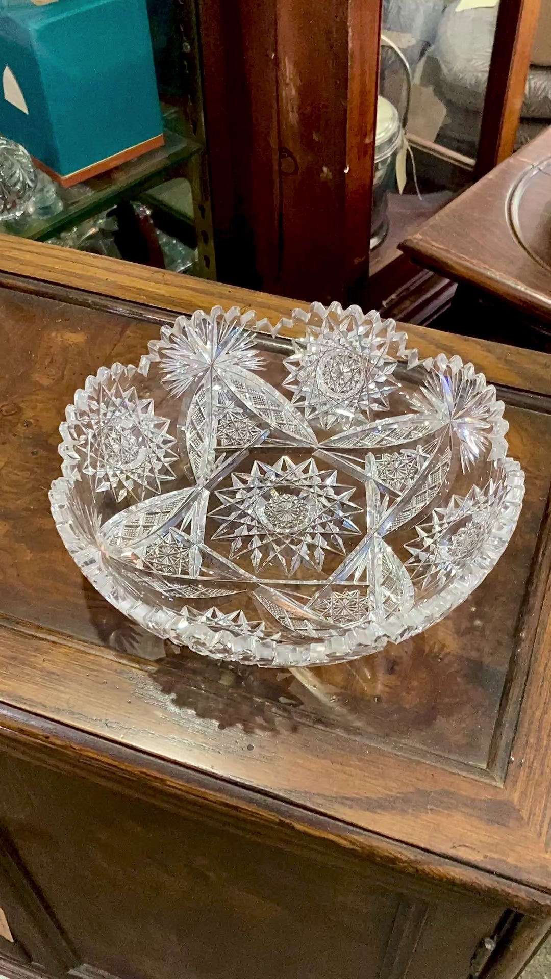Vintage 1940s Brilliant Cut Clear Scalloped Edge Low Profile Glass Bowl