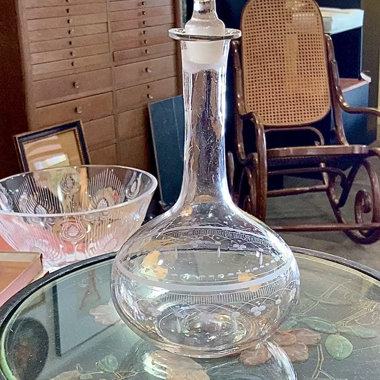 Antique 19th Century Hand Blown Etched Rounded Clear Glass Decanter
