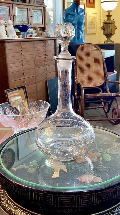 Antique 19th Century Hand Blown Etched Rounded Clear Glass Decanter