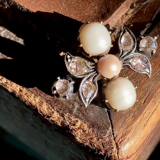 Antique Georgian 1840 Six Diamond Pink Pearl Silver Yellow Gold Brooch
